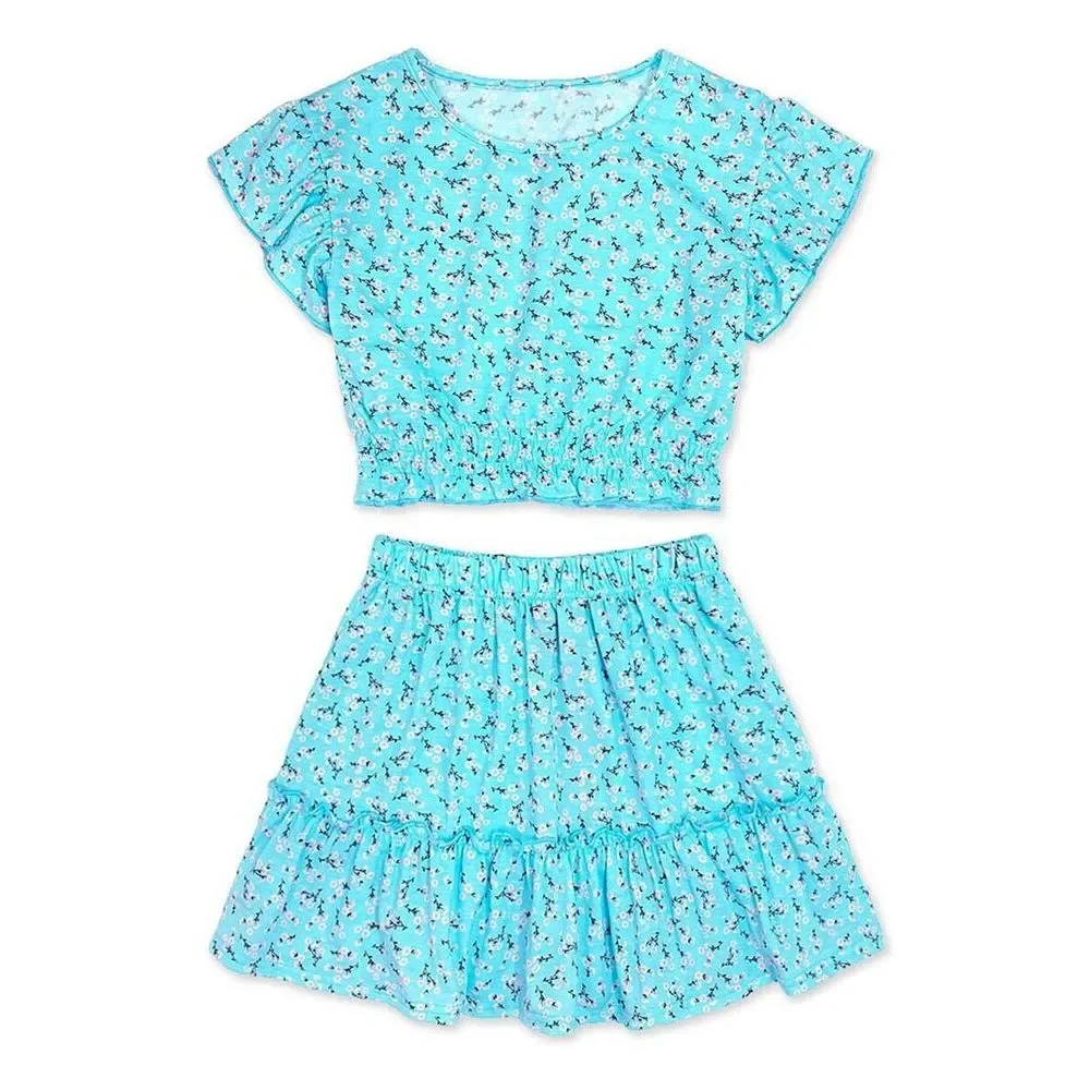 Cutie Patootie Turquoise Floral Angel-Sleeve Top & Ruffle Skirt Size 7 (S) - Picture 1 of 1